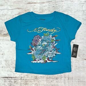 NWT Authentic Ed Hardy Floral Tiger Metallic Gold Logo Blue Cropped Baby Tee L